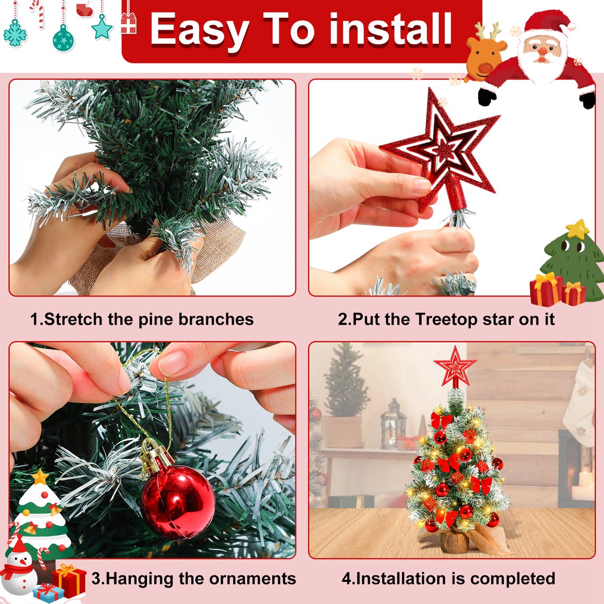 Mini kerstboom met LED verlichting en sneeuw - Kunstkerstboom - Kleine boom met verlichting en decoratie - Kunstboom - Kerststukje - Christmas Tree - Rood – foto 4