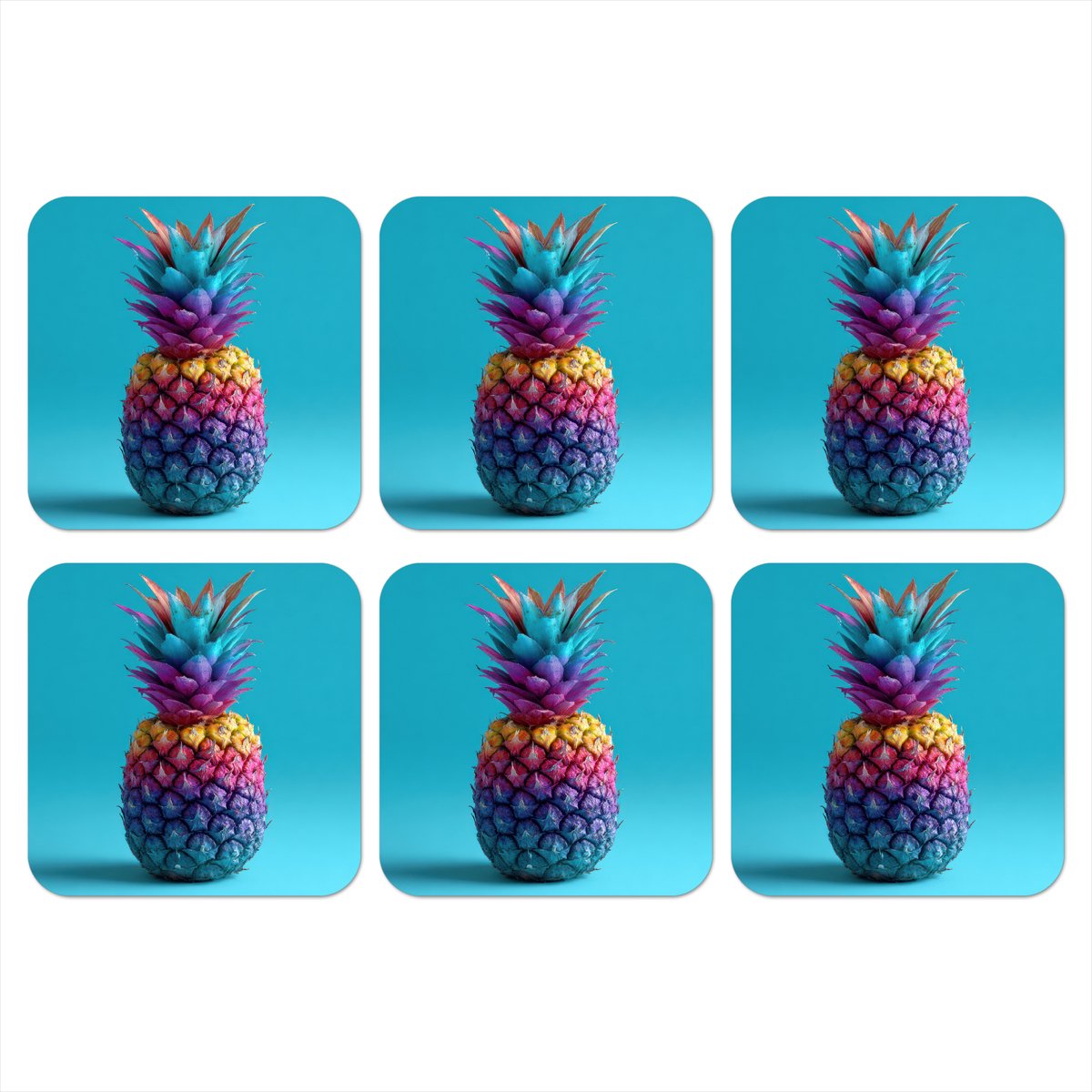 Onderzetters voor glazen - Ananas - Regenboog - Blauw - Popart - 10x10 cm - Glasonderzetters - 6 stuks