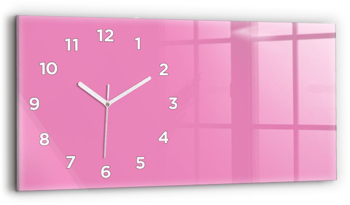 Wallfluent Wandklok - Roze Glazen Klok Rechthoekige - 60 cm x 30 cm - Roze Wandklok - Witte Handen - Wandklok Met Cijfers - Wandklok voor in de Keuken - Rechthoekige Glas Klok - Industrieel Wandklok - Rechthoekige Glazen Wandklok
