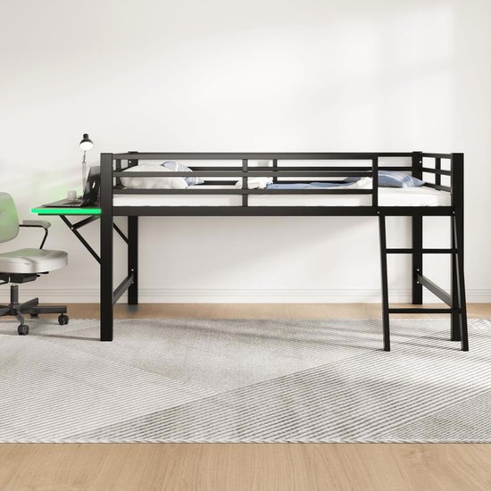 BLACK COLORS Lit mezzanine 90x200 cm échelle en métal Bureau Bande lumineuse LED avec télécommande Zwart