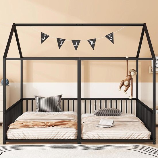 COULEURS BLACK Lit double cabane 90x200 cm x2 enfants Garde-corps Ladder Modèle maison Lit double Design Cadre en Zwart