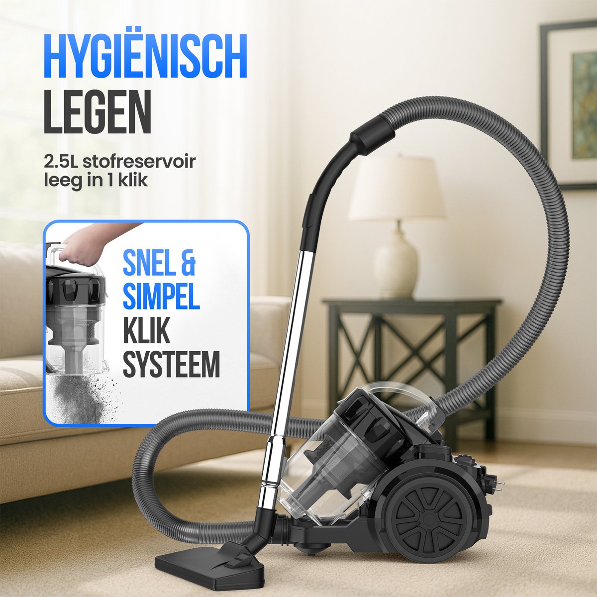 Strex Stofzuiger Zonder Zak - 700W Krachtige Zakloze Stofzuiger - HEPA Filter - 2.5L Stofreservoir - Extra Lang Snoer - Inclusief 4 Opzetstukken — afbeelding 7