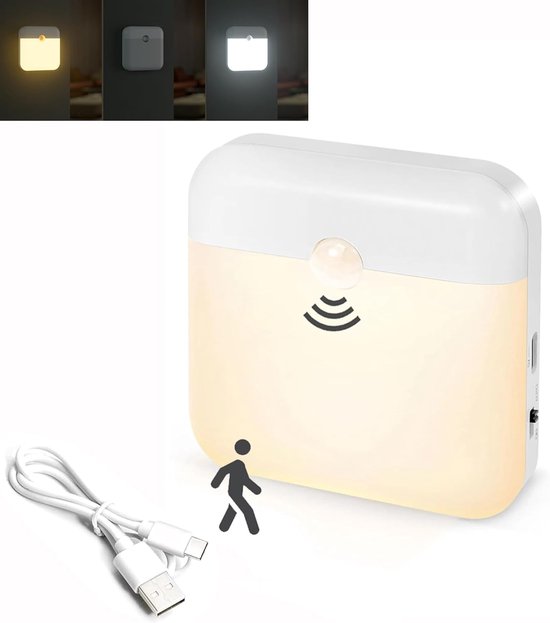 Nachtlampje met bewegingsmelder - Dimbaar trappenlicht met bewegingsmelder voor binnen op batterij, 10 LED oplaadbaar via USB voor kastenverlichting, kinderkamer, gang, slaapkamer, keuken & kast, 6