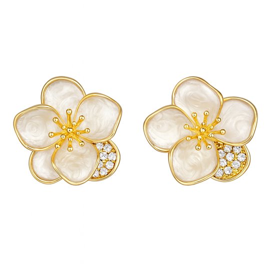 Boucles d'oreilles en forme de fleur pour femme - Bordure dorée, feuilles Witte nacrées et accents de strass