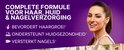 Brunette vrouw met lang, steil haar, lacht en kijkt naar de camera. Links de tekst 'Bevordert haargroei', 'Ondersteunt huidgezondheid', 'Versterkt nagels'.