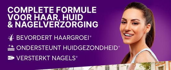 Brunette vrouw met lang, steil haar, lacht en kijkt naar de camera. Links de tekst 'Bevordert haargroei', 'Ondersteunt huidgezondheid', 'Versterkt nagels'.