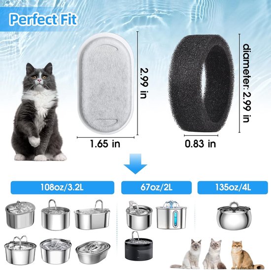 Pet Healthy Drinking Water Guardian, 16 kattenfilter vervangingsfilterset, 8 Kattenfilter 8 sponsjes, geschikt voor Downy Paws drinkfontein filter kattendrinkfontein (DPWFP6