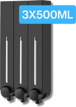 Zwarte zeepdispenser met 3 x 500 ml reservoirs, aan de muur te bevestigen.