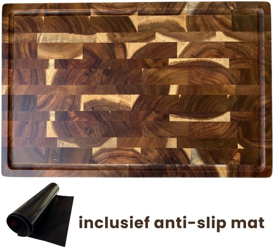 AXIMO Professionele Snijplank Acaciahout – 43 x 28 x 3.9 cm - Kopshout - Groot - Dik Hakblok met Sapgeul, Handvaten en Anti-slip Mat