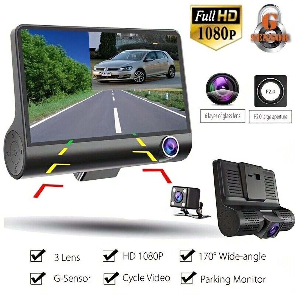 Driekanaals front- en achterdashcam met ingebouwd IPS-scherm, 1080P Full HD