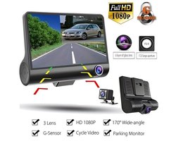 Driekanaals front- en achterdashcam met ingebouwd IPS-scherm, 1080P Full HD