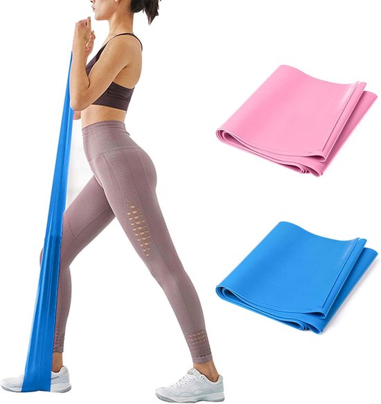 Oefenbanden - 2 stuks - 1,8 m/2 m - Weerstandsbanden - Siliconen oefenbanden - Krachttraining - Weerstand met verschillende sterktes - Geschikt voor training, fysiotherapie, stretchen, herstel, pilates, revalidatie en yoga - Roze en blauw