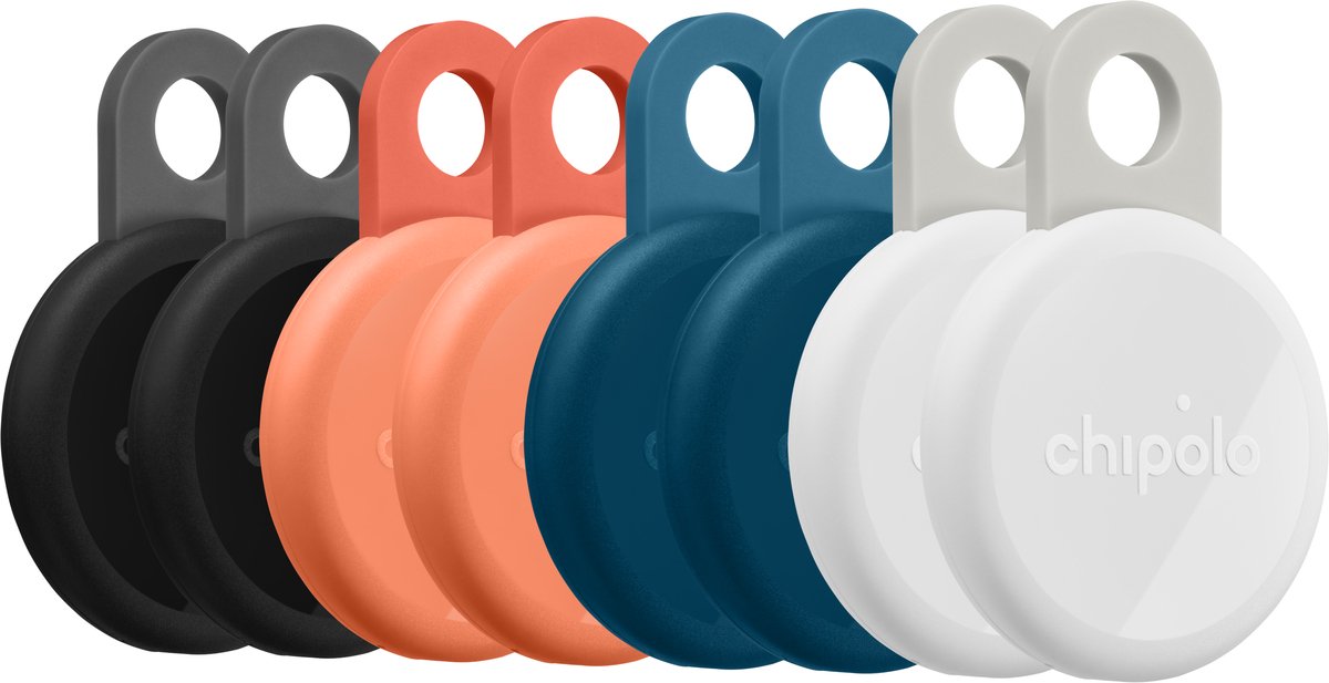 Chipolo LOOP – Bluetooth Tracker & KeyFinder – Oplaadbaar & Waterdicht - Compatibel met Apple Find My & Google Find Hub – 125 dB – Charcoal & Chalk & Navy & Coral - 8 Pack