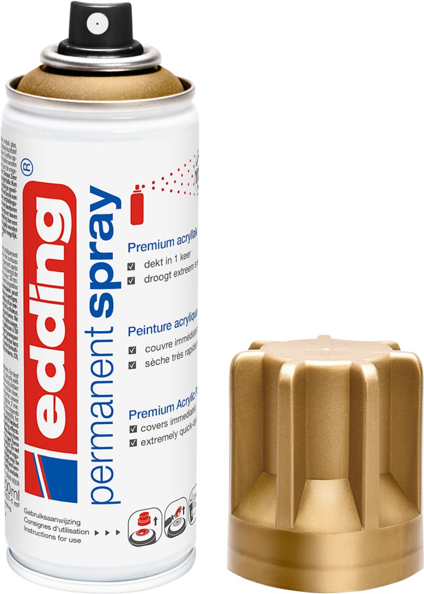edding 5200 spuitverf in spuitbus - rijkgoud mat - 1 stuk - 200 ml verf - direct dekkend – 0,7-1 m2 oppervlak - acrylverf voor het lakken en versieren van glas, metaal, hout, keramiek, kunststof, canvas - permanent spray, verfspray