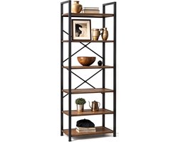Goliving Boekenkast - 66 x 30 x 186 cm - 6 Lagen - Opbergkast - Wandkast - Boekenrek - Vitrinekast - Stellingkast - Woonkamer Kast - Industrieel - Bruin/Zwart