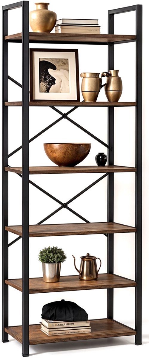Goliving Boekenkast - 66 x 30 x 186 cm - 6 Lagen - Opbergkast - Wandkast - Boekenrek - Vitrinekast - Stellingkast - Woonkamer Kast - Industrieel - Bruin/Zwart
