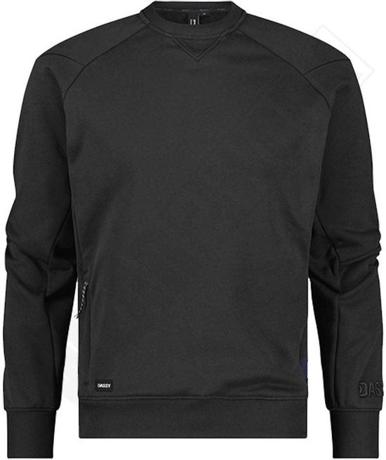 Zwarte sweater, voorkant. V-hals met versteviging. Grijze ritsdetails op de mouwen. Label 'DASSY' op de voorkant.