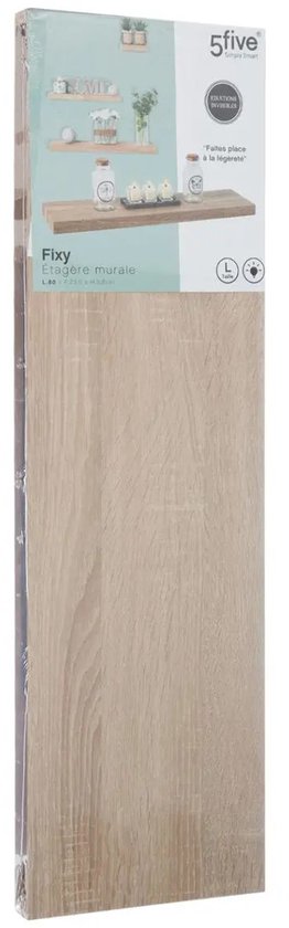 Verpakking van een 5five Fixy Bassline zwevende wandplank van 80 cm in bruin eiken.