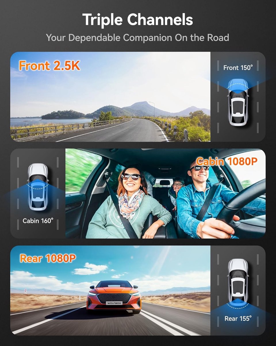 WOLFBOX i07 Dashcam, 3-kanaals Dashcam Camera met WiFi en GPS, 4K+1080P voor Voor & Interieur, 2.5K 1600P+1080P+1080P, 3" LCD met Super IR Nachtzicht, 24-uurs Parkeerbewaking, Max. 512 GB (Draadloos Voor & Achter) thumbnail 6