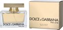 Dolce & Gabbana The One Eau de Parfum, 75ml. Gouden doosje naast een glazen parfumfles met gouden dop.
