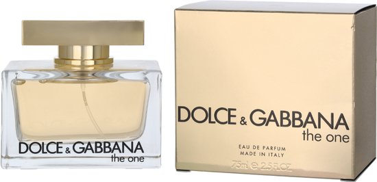 Dolce & Gabbana The One Eau de Parfum, 75ml. Gouden doosje naast een glazen parfumfles met gouden dop.