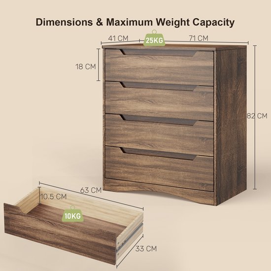 Dimensions du commode brun clair à 4 tiroirs : 71cm de large, 82cm de haut, 41cm de profondeur. Tiroir : 63cm de large, 10.5cm de haut, 33cm de profondeur.