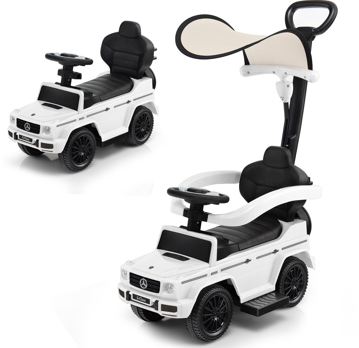 COSTWAY Mercedes Benz Glijauto, 3-in-1 glijbaan met zonnedak, opbergruimte en afneembare beschermbeugel en duwstang, glijvoertuig met motorgeluid en claxon, voor kinderen vanaf 1 jaar (wit)