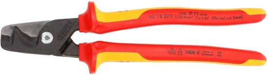Knipex tangen met rode en gele handvatten, gesloten snijblad. Tekst: 95 18 225 120 mm² Cu+Al (Do not cut Steel).