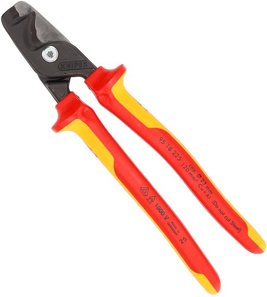 Knipex tangen met rode en gele handvatten, gesloten snijblad. Tekst: 1000V Made in GERMANY.