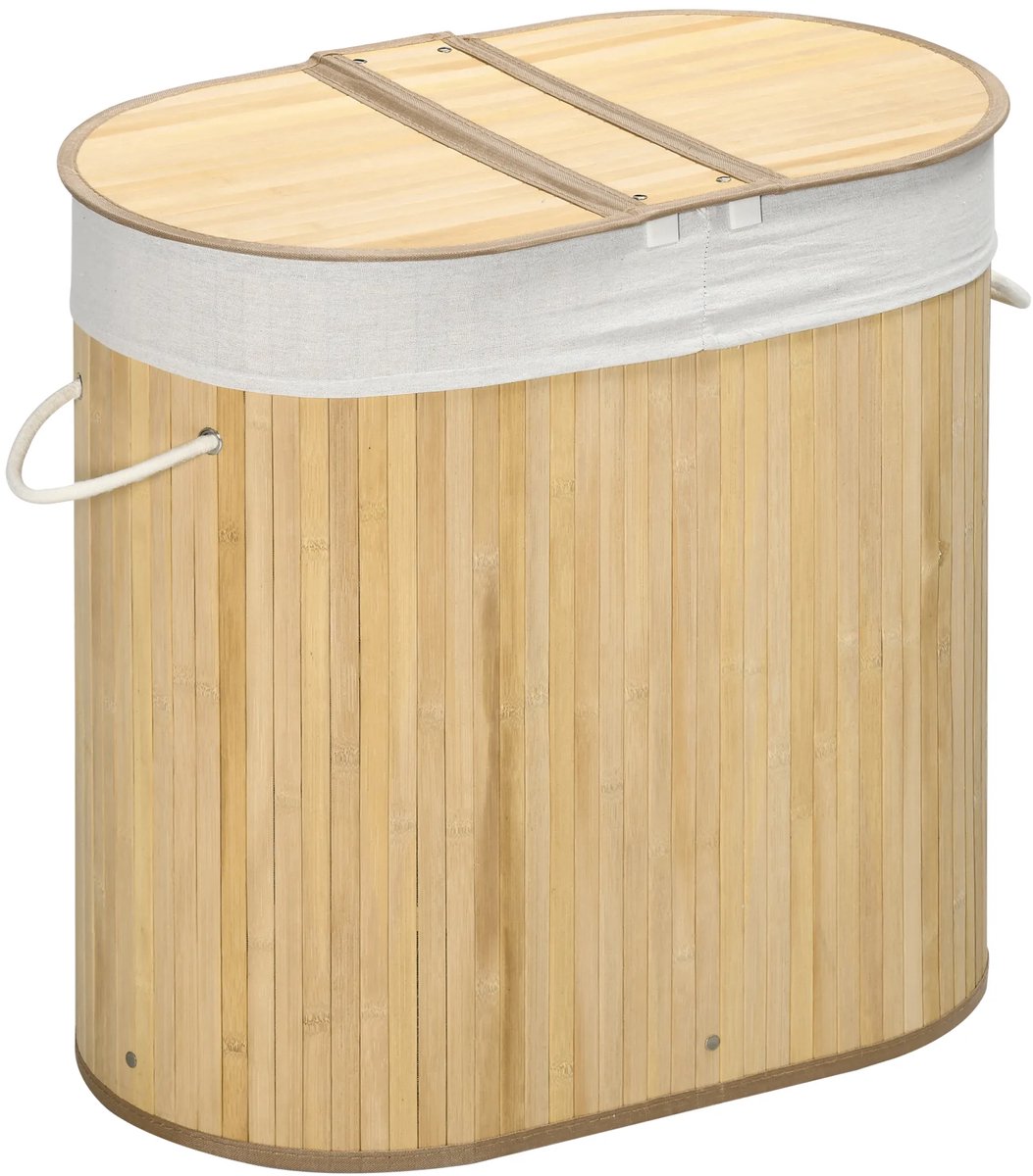 TRUUSK Bamboe Wasmand Met Deksel - 2 Verwijderbare Secties - Natuurlijk Bamboe - Voor Was Organisatie en Opslag