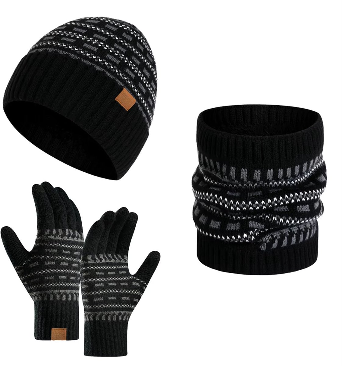Warme Winterset Heren & Dames – Gebreide Muts, Sjaal en Handschoenen met Fleecevoering – Unisex Beanie Set met Telefingers, Winteraccessoires, Thermo Kleding voor Buiten