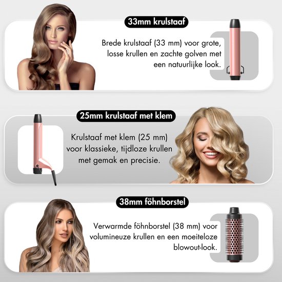 Sansbeauté® 6 in 1 Krultang met Klem - Keramische Haarkruller - 13mm tot 38mm - Beach Waves - Wavy Hair - Krultangen 32mm 25 mm 19 mm - Blowout Brush - Haarstyler - Hair Curler - Dunne en Dikke Krultang - Mini Krultang - Krultang Kort Haar