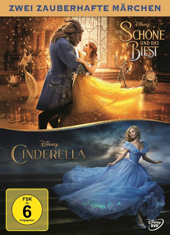 DVD-cover met 'Die Schone en het Beest' bovenaan en 'Cinderella' onderaan. Het Beest met Belle in gele jurk en Assepoester in blauwe baljurk.