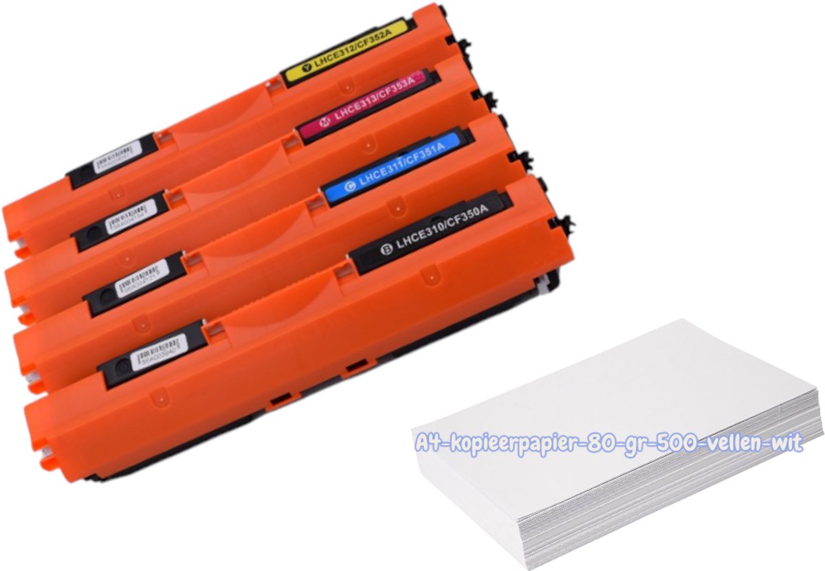 KATRIZ® huismerk toner CF350/CE310BK+ CF351/CE311C+ CF352/CE312Y + CF353/CE313 M (HP126A/130A) + Kopieerpapier-A4-80GR-500vellen-wit |Geschikt voor HP Color LaserJet Pro MFP M176 Series/ MFP M177FW Color LaserJet CP 1025/ M175series