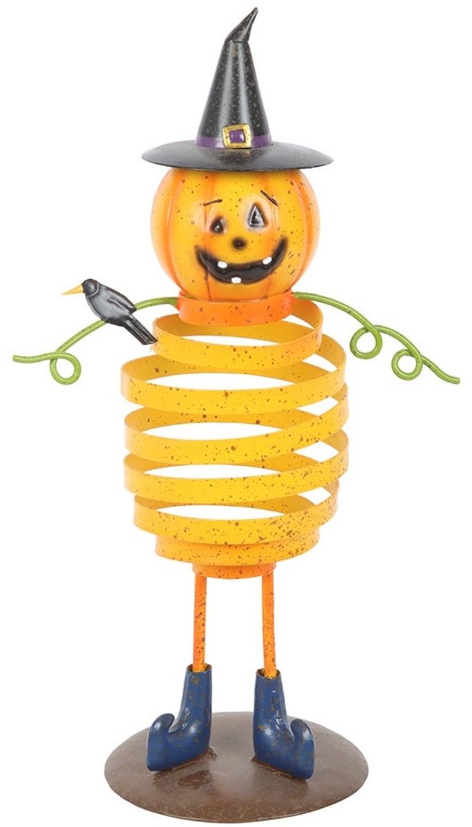Something Different - Orange Metal Pumpkin Man Ornament with Spring Body Tuin beeld/figuur - Multicolours