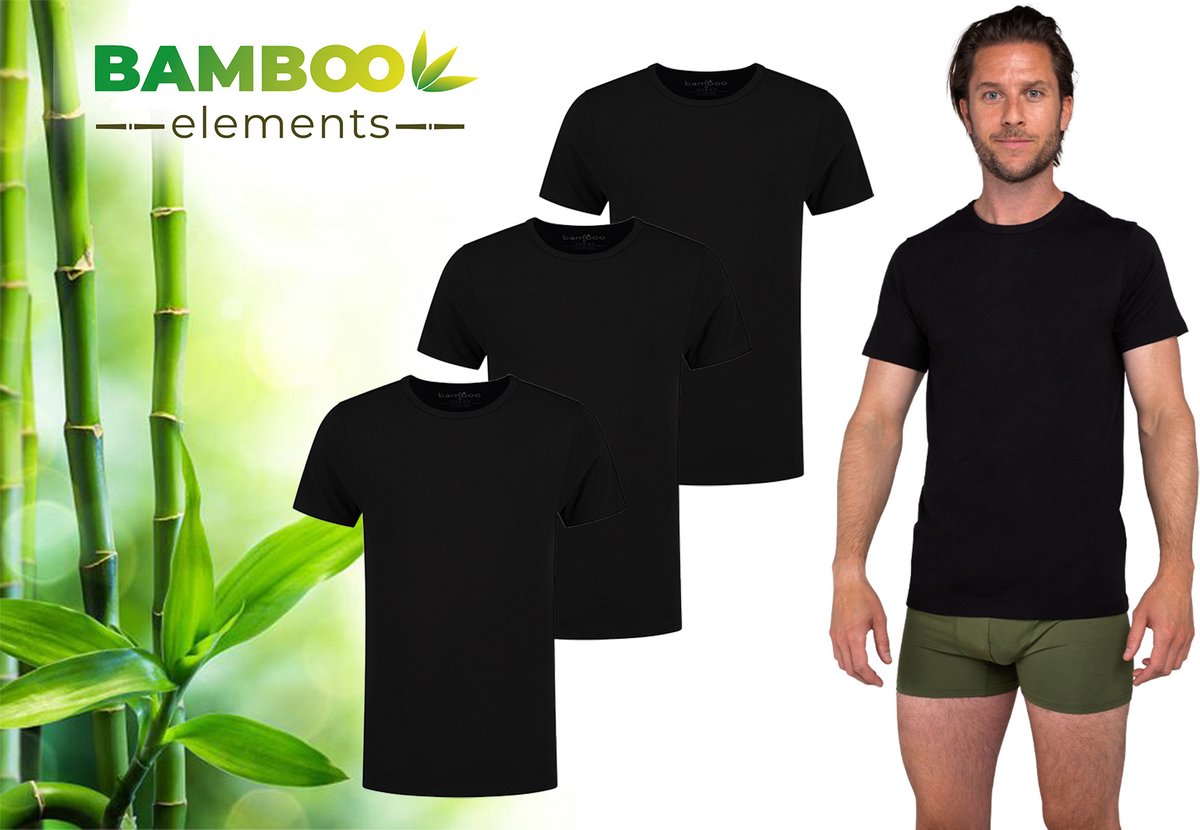 Bamboo - T-Shirt Heren - Ronde Hals - 3 Stuks - Zwart - M - Bamboe Ondershirt Heren - Extra Lang - Anti Zweet T-shirt Heren