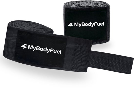 Twee zwarte boksbandages met het 'MyBodyFuel' logo, klaar voor gebruik.
