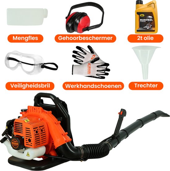 Kibani Benzine Bladblazer 42.7 cc / 1.7 pk incl. Accessoires en 2-takt Olie - Luchtsnelheid 252 km/h - 1250W - Ruggedrager - Bladblazers - Gehoorbescherming - Werkhandschoenen - Veiligheidsbril
