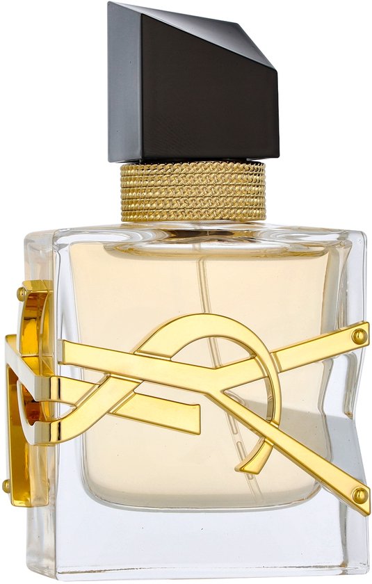YSL Libre Eau de Parfum damesparfum, gouden YSL logo, gouden kettingdetail, zwarte dop.