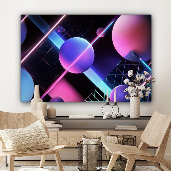 Canvas schilderij 120x80 cm - Wanddecoratie Bollen - Neon - Lijnen - Roze - Muurdecoratie woonkamer - Slaapkamer decoratie - Kamer accessoires - Schilderijen op canvas
