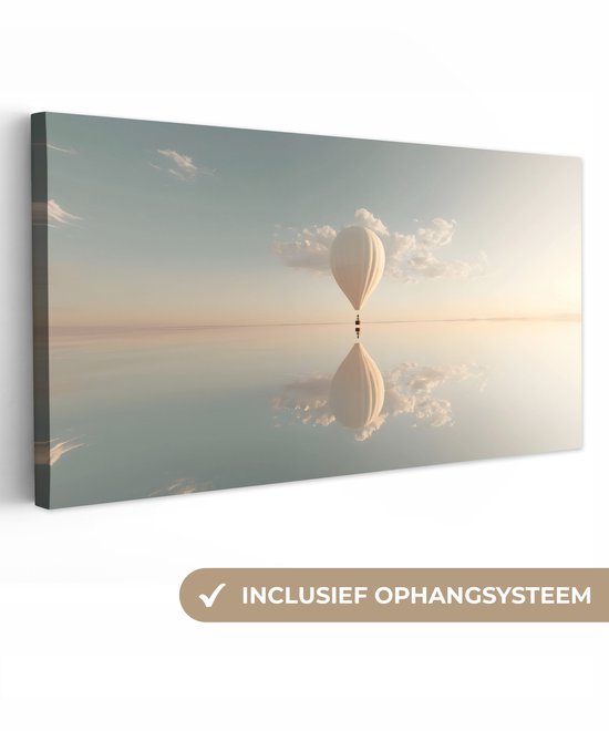 Une toile avec une montgolfière blanche se reflétant sur l'eau, système de suspension inclus.