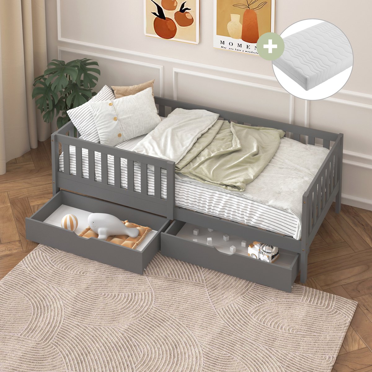 Sunny Isa Kinderbed – Met 2 Opberglades – Kajuitbed met Uitvalbeveiliging - 206 x 98 cm – Peuterbed Meisjes en Jongens – FSC 100% Hout – Met Lattenbodem – Inclusief Matras - Grijs