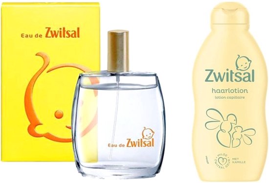 Zwitsal parfum en haarlotion. Parfum in glazen fles, haarlotion in gele fles. Gele doos met baby-logo.