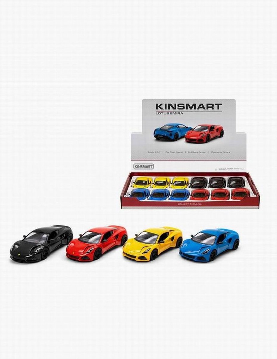 Lotus Emira 1:34 Kinsmart verkoop per stuk lengte 12.5 cm die cast pull back verkrijgbaar in 4 kleuren