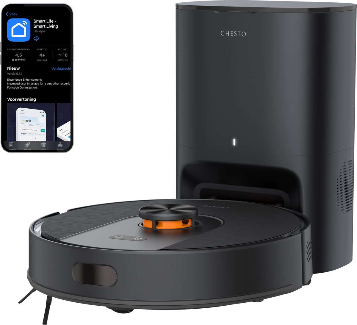 Chesto T2 Pro 3-in-1 Robotstofzuiger met Dweilfunctie – 5000 Pa - Geschikt voor Dierenharen - LDS navigatie - App-besturing - Inclusief Zelflegend Station