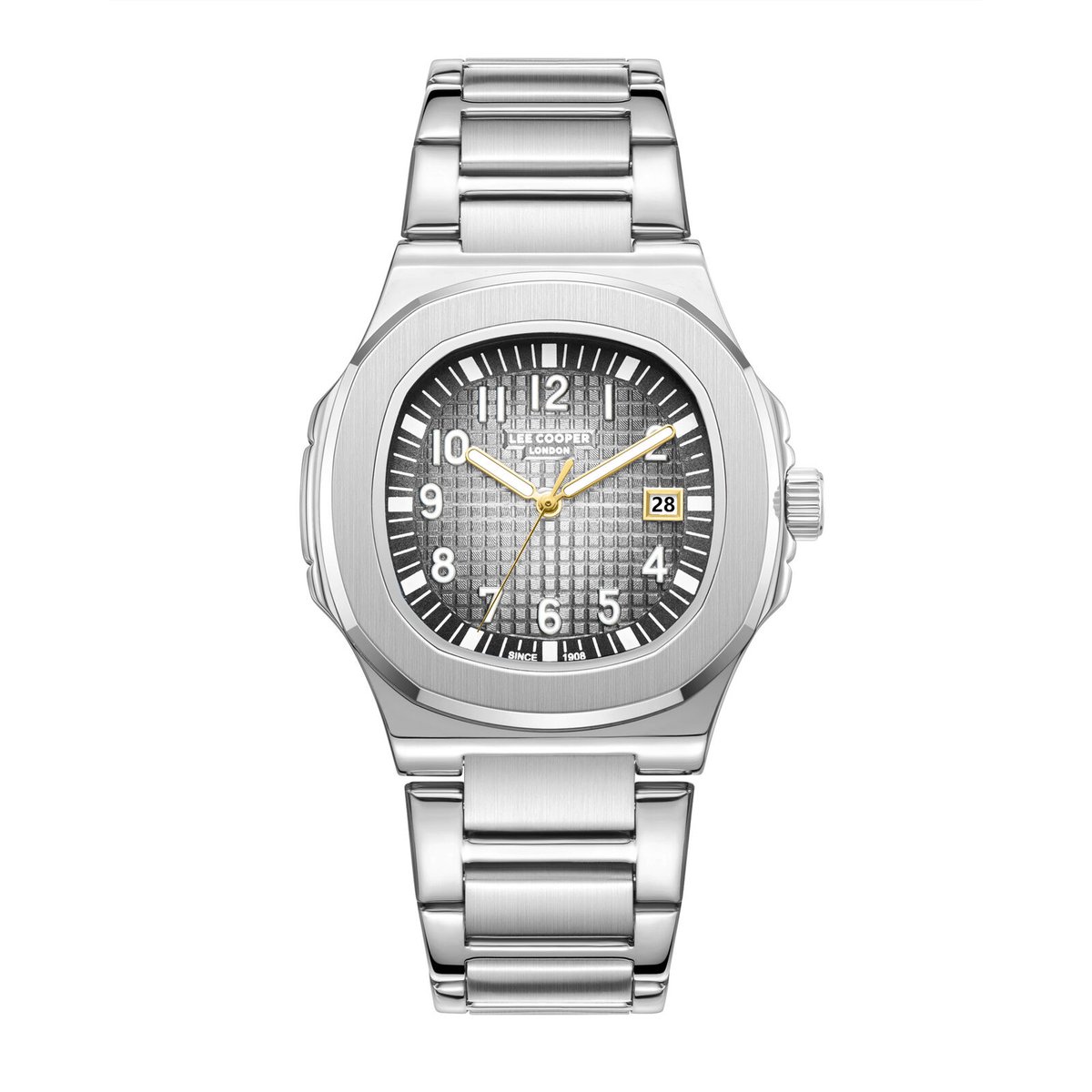 Lee Cooper LC08259.360 - Horloge - Polshorloge - Analoog - Heren - Mannen - Stalen band - Metaal - Datumaanduiding - Vierkant - Rond - Vierkantjes - Strepen - Cijfers - Zilverkleurig - Goudkleurig - Wit - Zwart