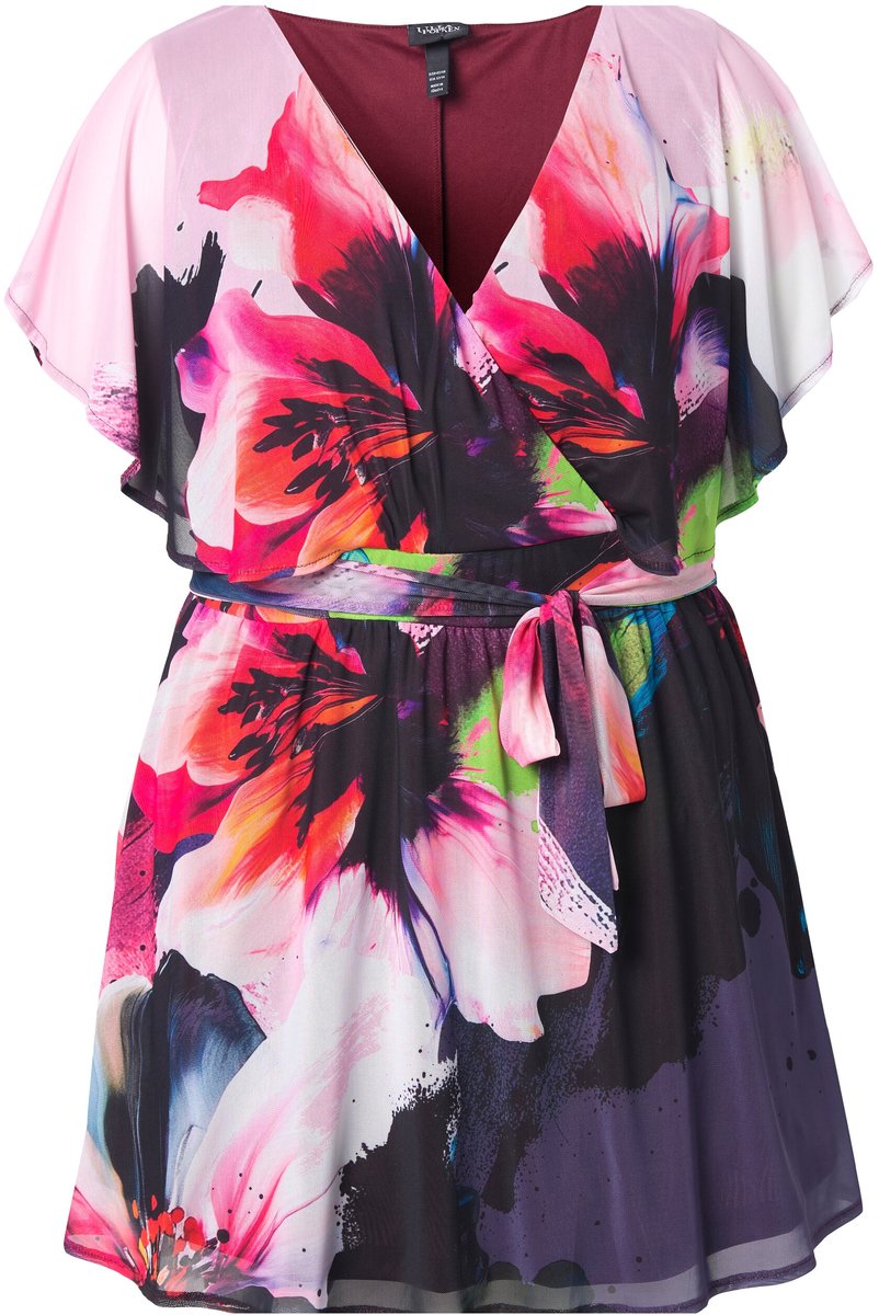 Ulla Popken - Dames - Tuniek chiffon overlay korte vleugelmouw - Aubergine - Maat 50+