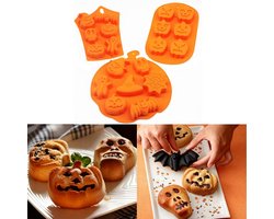 Set van 3 stuks - siliconen Halloween bakvormen - Chocoladevormen - Jell-O-vormen - Handgemaakte zeepvormen - Schedel-, vleermuis-, spook- en pompoenvormen - Gemakkelijk los te maken - Oranje - voor Halloweenfeesten, schoolfeesten en herfstvieringen