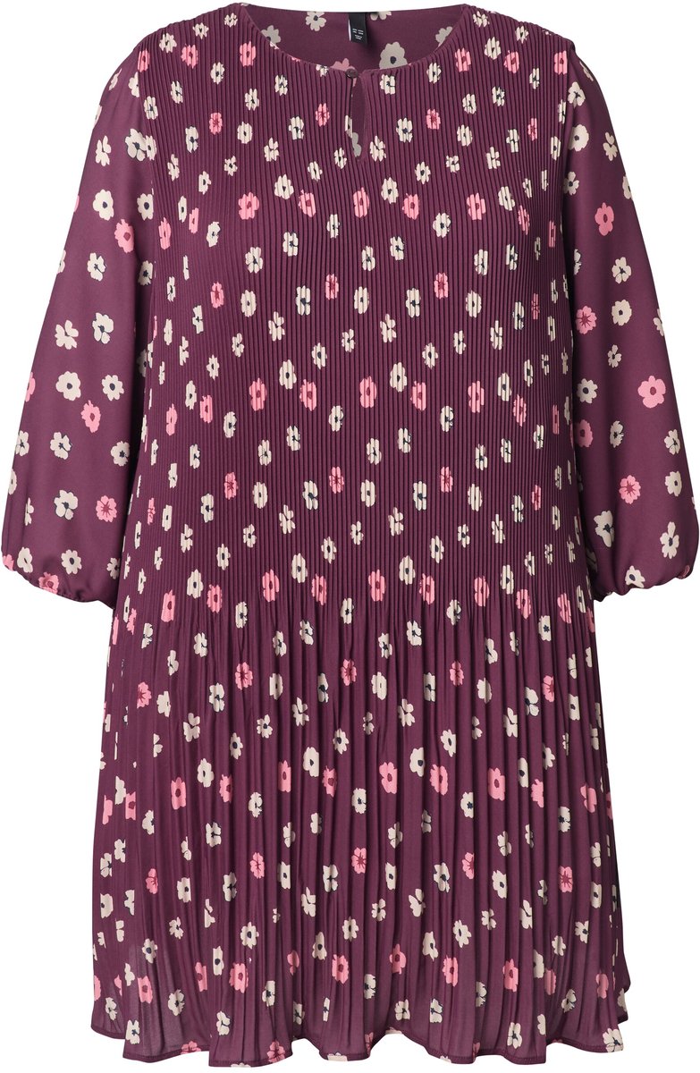 Ulla Popken Dames - Geplooide jurk bloemen dubbellaags ronde hals 3/4-mouw - Donker wijnrood - Maat 54+