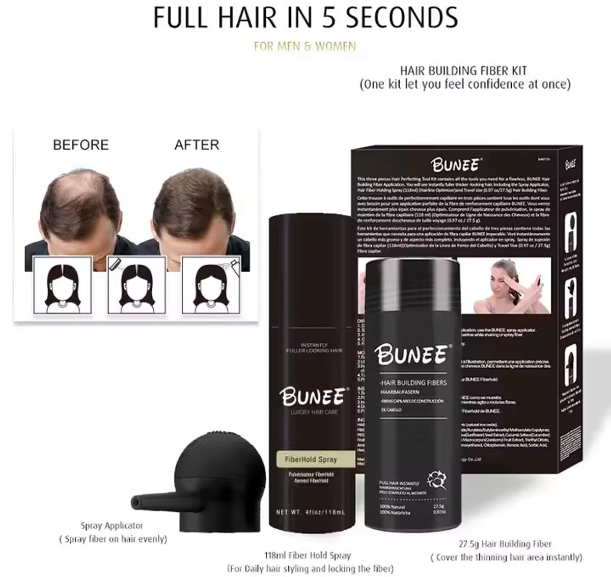 Bunee Hair Volume Fiber Tool Kit - Fiber Hold Spray 120ml en Hair Fiber 27.5 gram Met Spray Applicator (Medium Blonde)